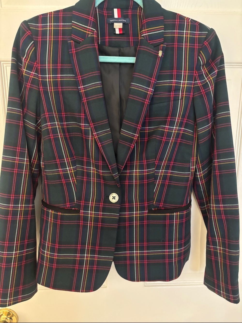 Tommy Hilfiger Preppy Dark Green Plaid Tailored Blazer Velvet Elbow Patches